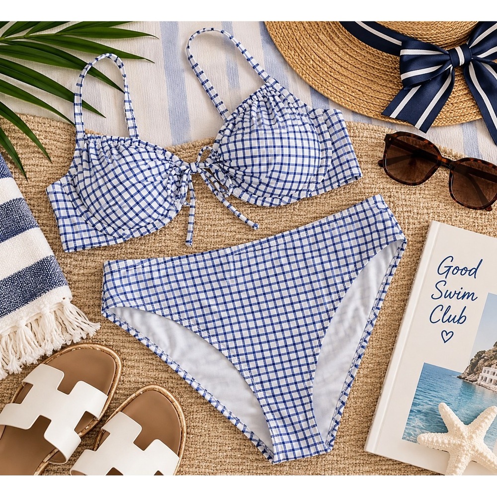 Free Assembly Bikini XL 16-18 Blue White Gingham Check Mid Rise NWT